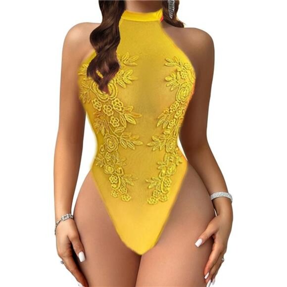 Women Teddy Lingerie Sexy Mesh Bodysuit Yellow - Picture 2 of 4